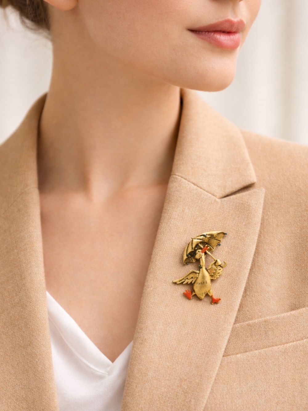 Vintage Gold Duck Brooch | Umbrella Pin Cute Statement